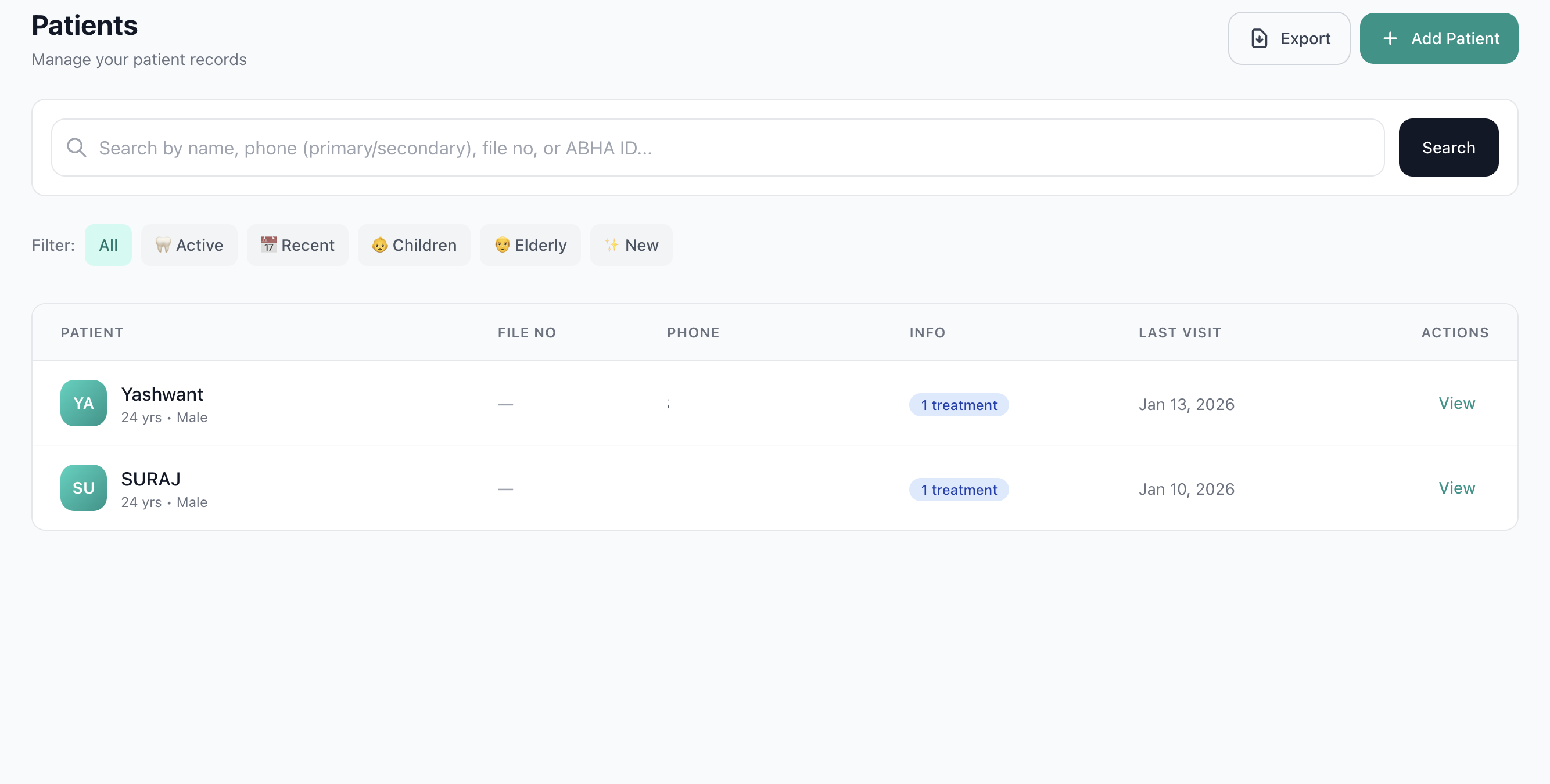 Patient list with search and filters