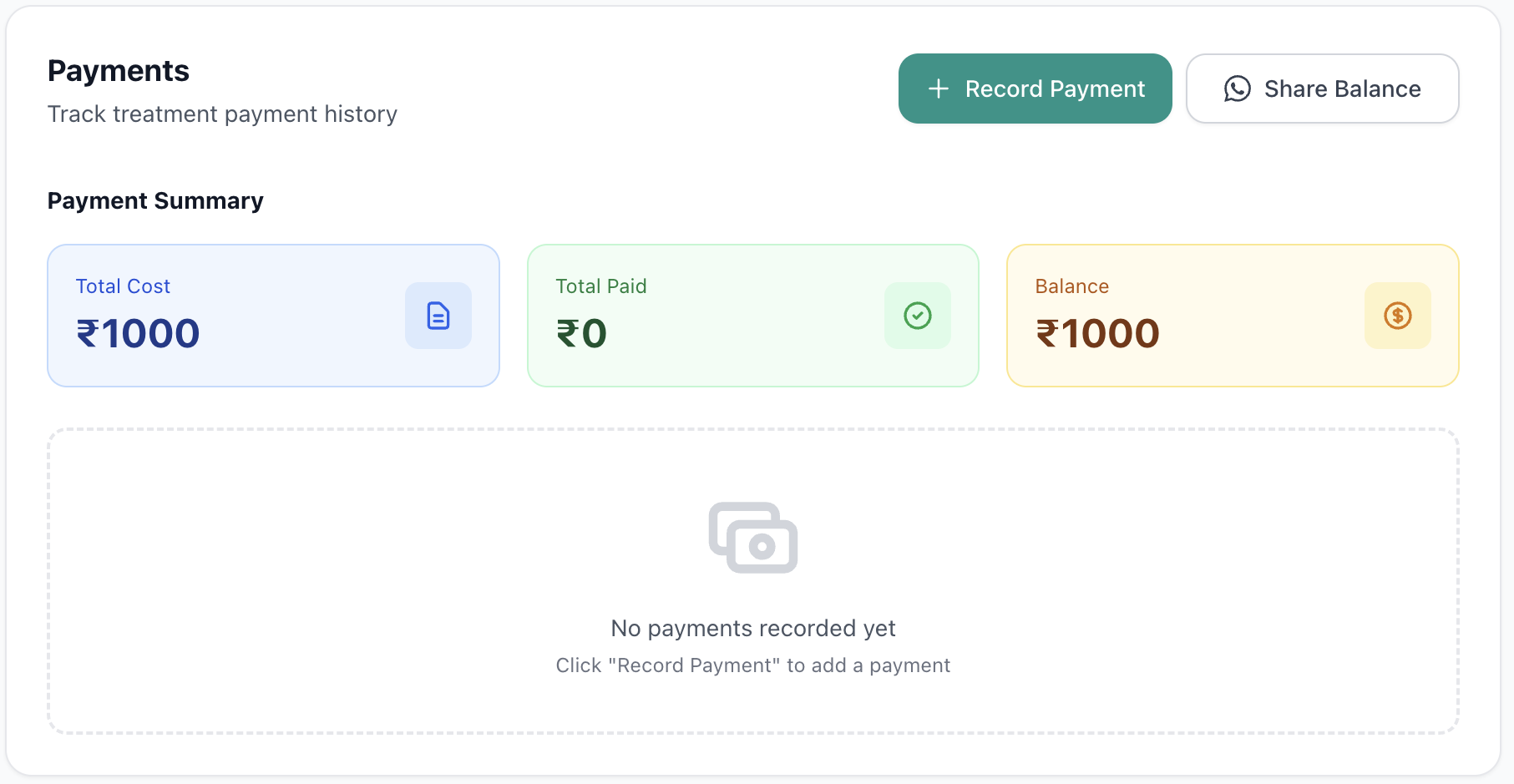 Payment tracking — total cost, paid, balance