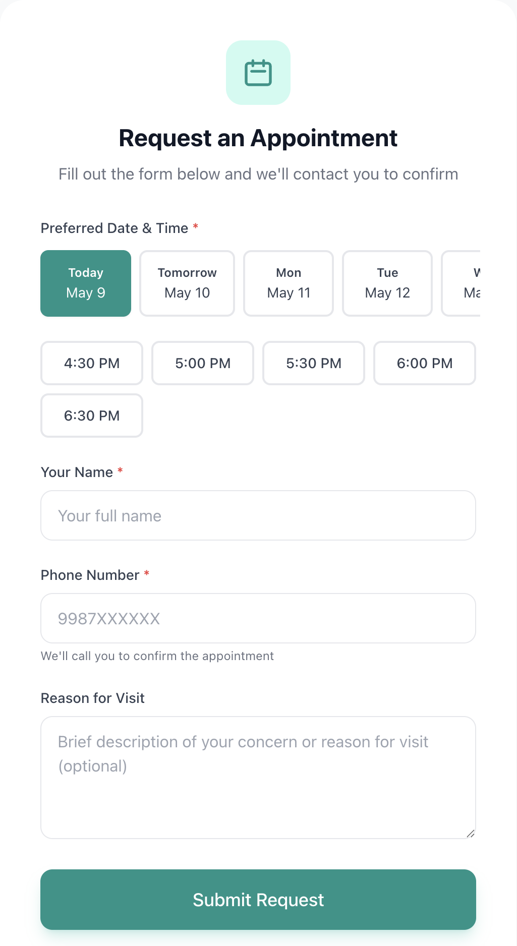 Patient-facing appointment booking page on mobile