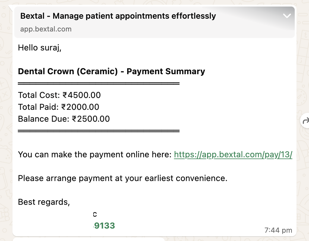 WhatsApp payment summary message preview